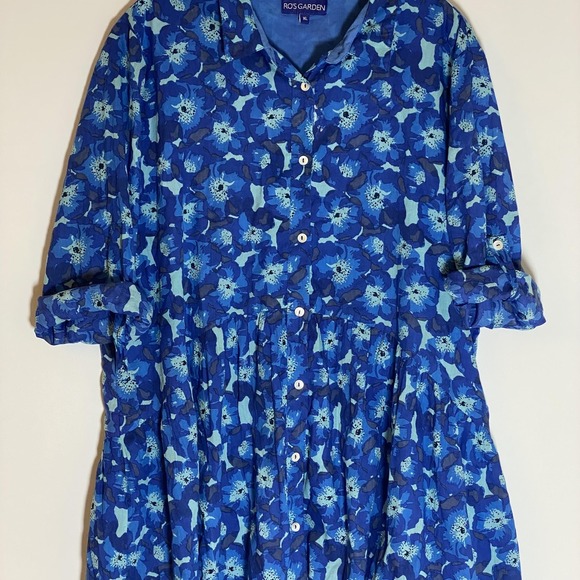Ro's Garden Dress Womens XL Blue Floral Button Front Cotton Lined Boho Tunic - Picture 15 of 16